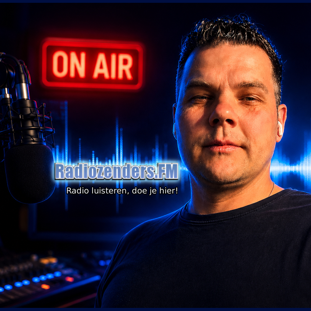 Sander Krijnen van Radiozenders.FM in de studio met het logo en de slogan: Radio luisteren, doe je hier!