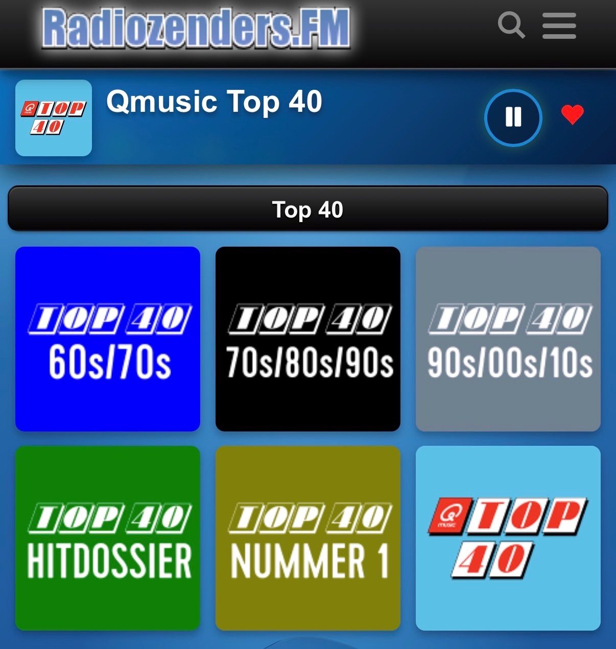 Mobiel overzicht van Radiozenders.FM met de exclusieve Top 40 muziekstreams