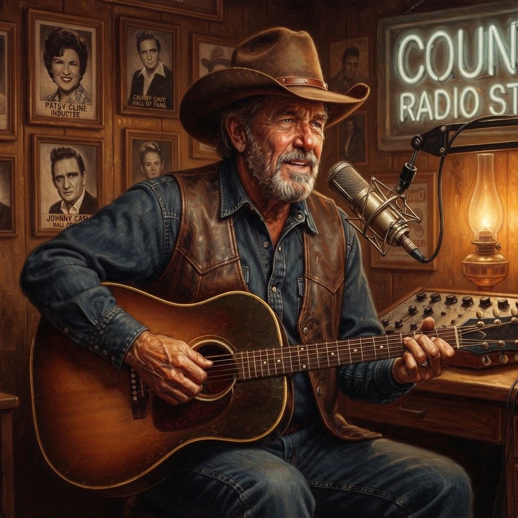 Cow-boy achtige man speelt country muziek op zijn gitaar - Radiozenders.FM