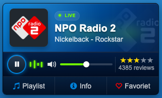 De vernieuwde audioplayer van Radiozenders.FM met knoppen voor playlist, info, favorieten en waardering