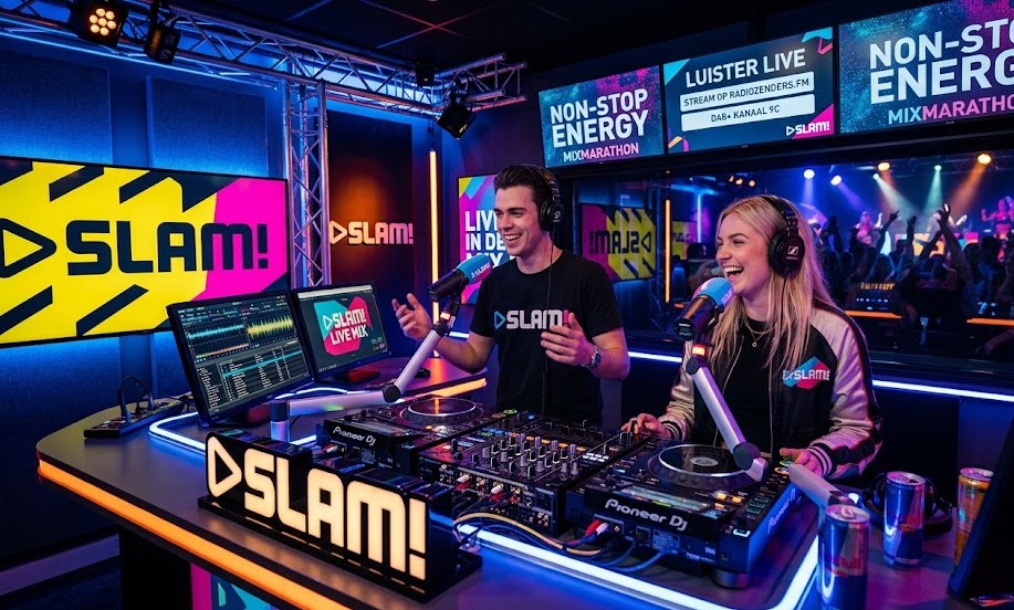 Sfeerimpressie van de SLAM! radio studio tijdens de live stream MixMarathon