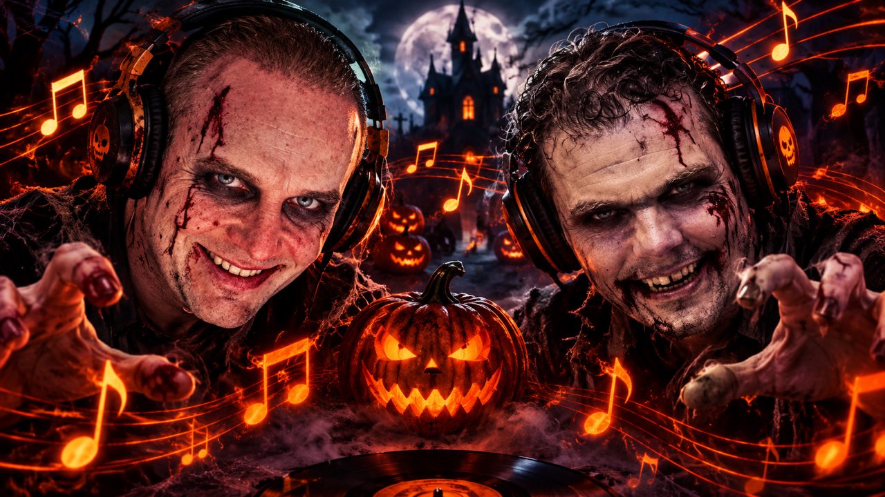 Nick & Sander als griezels in een Halloween setting tijdens het luisteren naar enge muziek via Radiozenders.FM