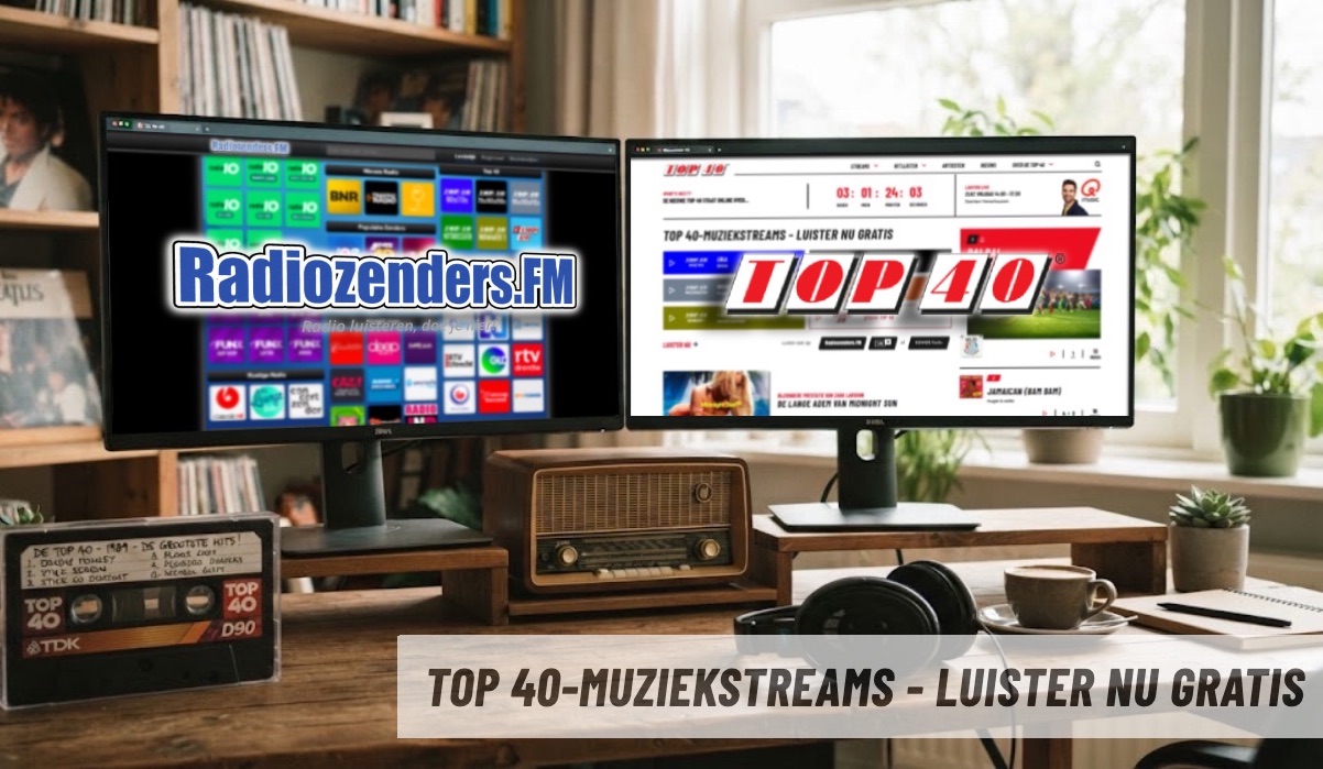 Bureauopstelling met twee monitors die de websites van Radiozenders.FM en de Top 40 tonen, met vintage radio en koptelefoon. Tekst op afbeelding: Luister nu gratis.