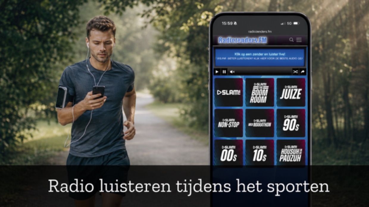 Man luistert tijdens het sporten naar online radio via Radiozenders.FM op zijn smartphone.
