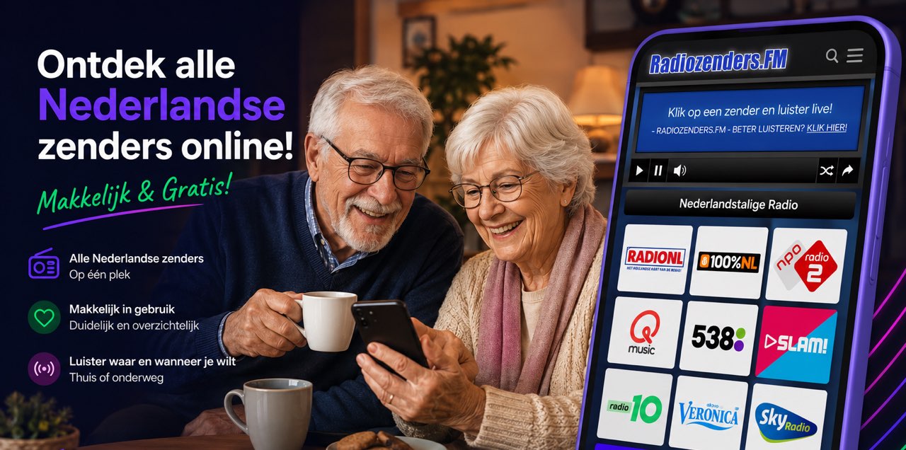 Ouderen luisteren samen online naar Nederlandse radio via Radiozenders.FM op een smartphone.