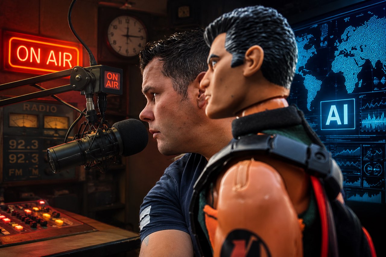Sander Krijnen naast een Action Man-figuur als visuele metafoor voor de menselijke factor versus AI-avator in het radionieuws.